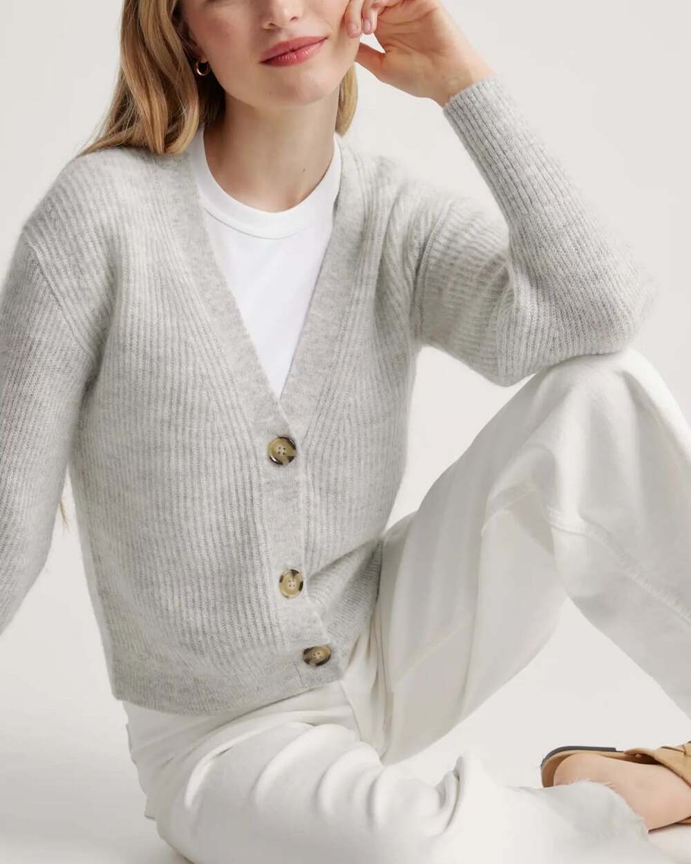 Quince Ribbed Knit V-Neck Cardigan Alpaca Wool Blend Sweater Light Grey XL